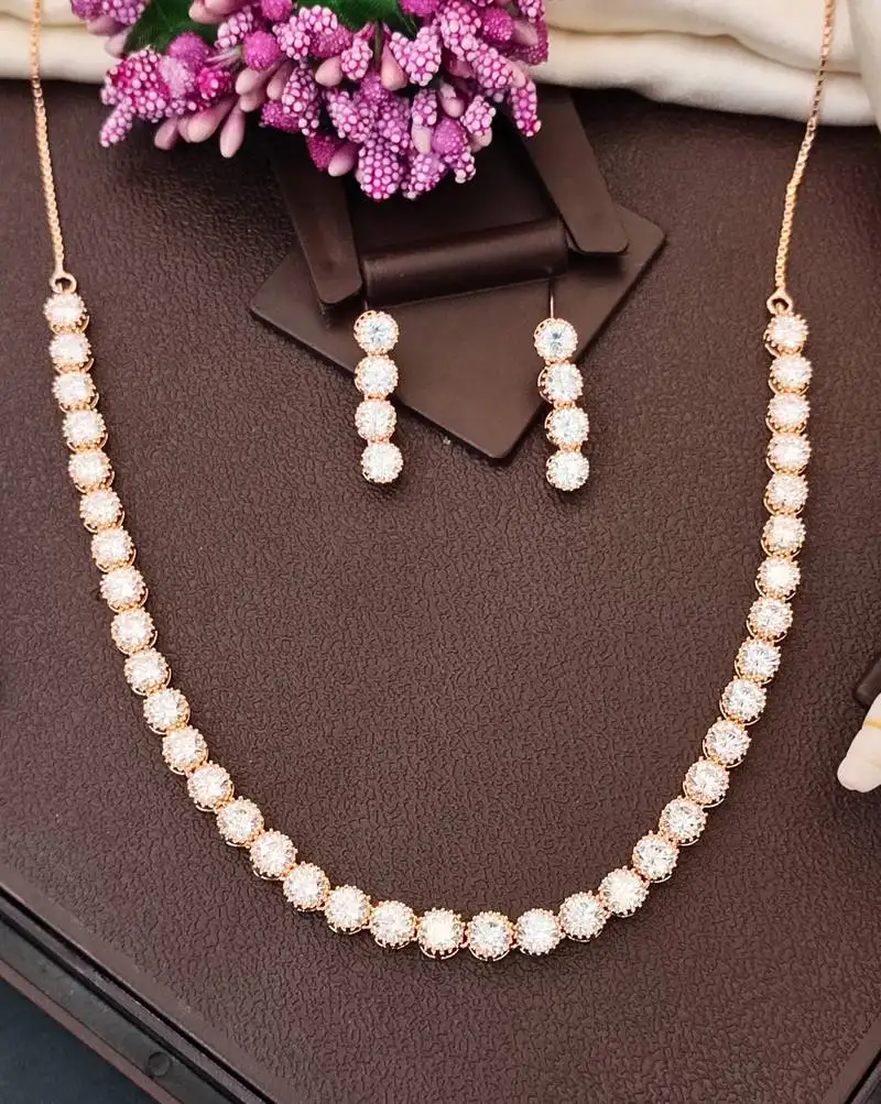 Rose gold polish cz diamond necklace with matching earrings – romantic & trendy jewelry set