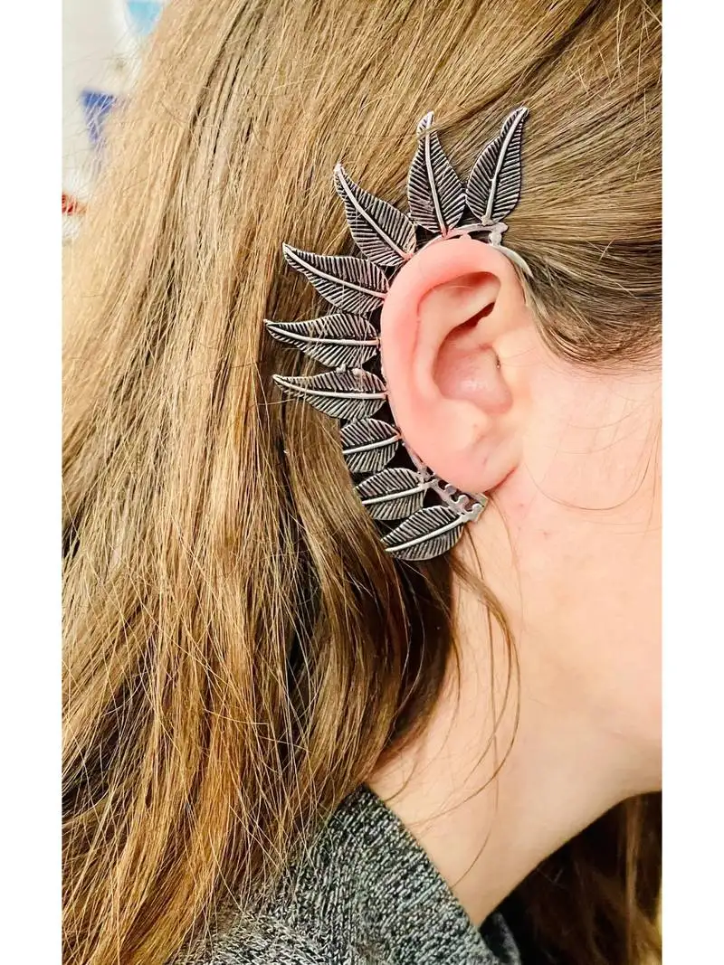 ethnic silver plated brass leaf style ear cuff