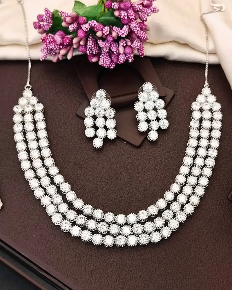 Silver polish crystal beaded necklace and earring set, triple strand statement jewellery for all occasion