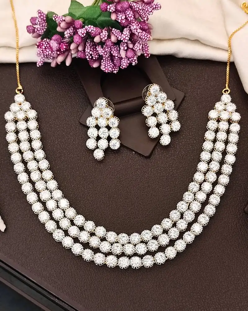 White cz diamond necklace set, gold rhodium polish, triple layer bridal jewelry for her