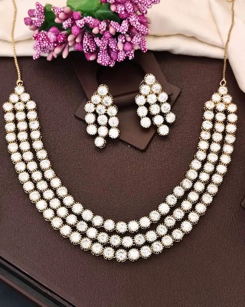 White cz diamond necklace set, mehendi polish finish, wedding wear jewelry