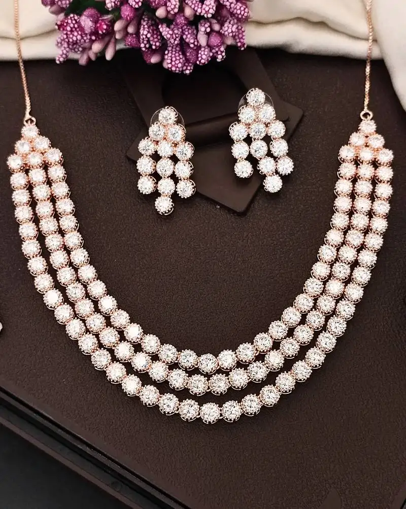 Rose gold finish white cz necklace set, sparkling bridal jewelry, 3-layer diamond look