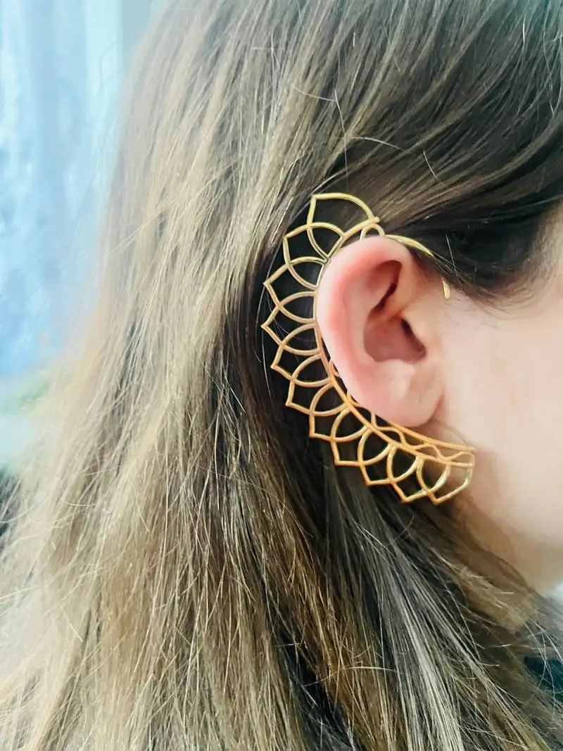 Women ethnic gold plated brass leaf style ear cuff