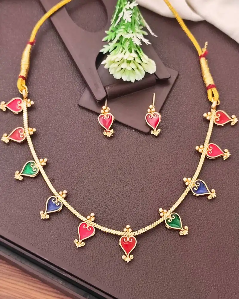 Meenakari heart shapd palakka necklace set, high gold polish, multicolor enamel jewelry