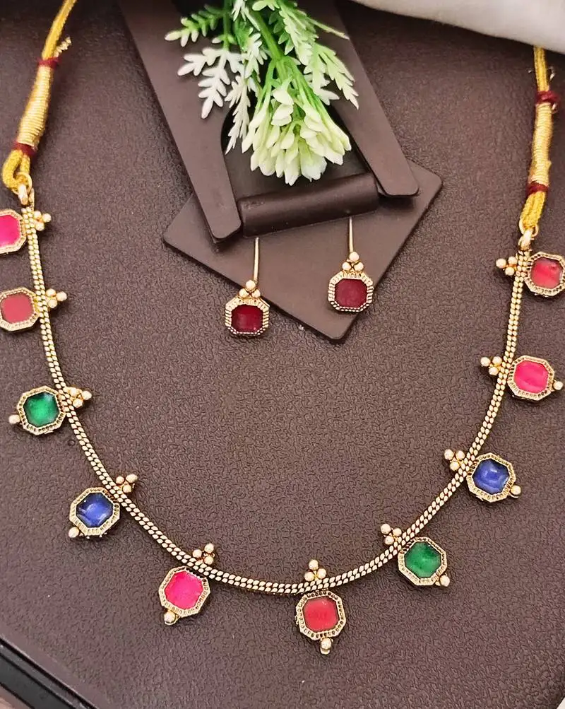 Multi-color square stone palakka necklace set, high gold polish. trendy ethnic jewelry