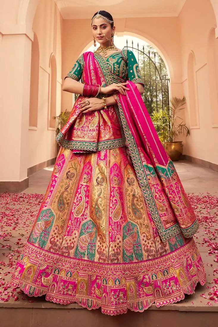 Multicolor banarasi silk woven zarkan cut work embroidered lehenga choli