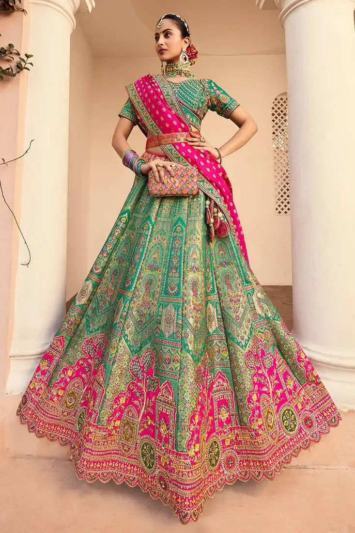 Rama green banarasi silk woven zarkan cut work embroidered lehenga choli