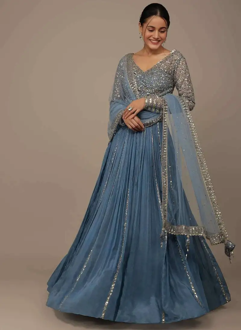 Turquoise sequined embroidery work silk party wear lehenga choli with dupatta