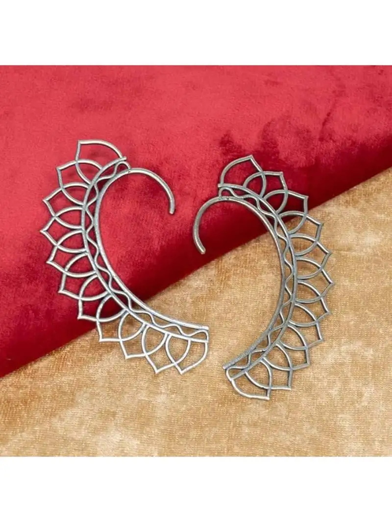 silver plated oxidised leaf shaped ear cuff