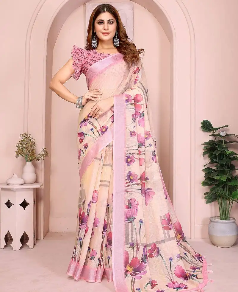 Baby pink soft linen cotton printed silk saree with woven border