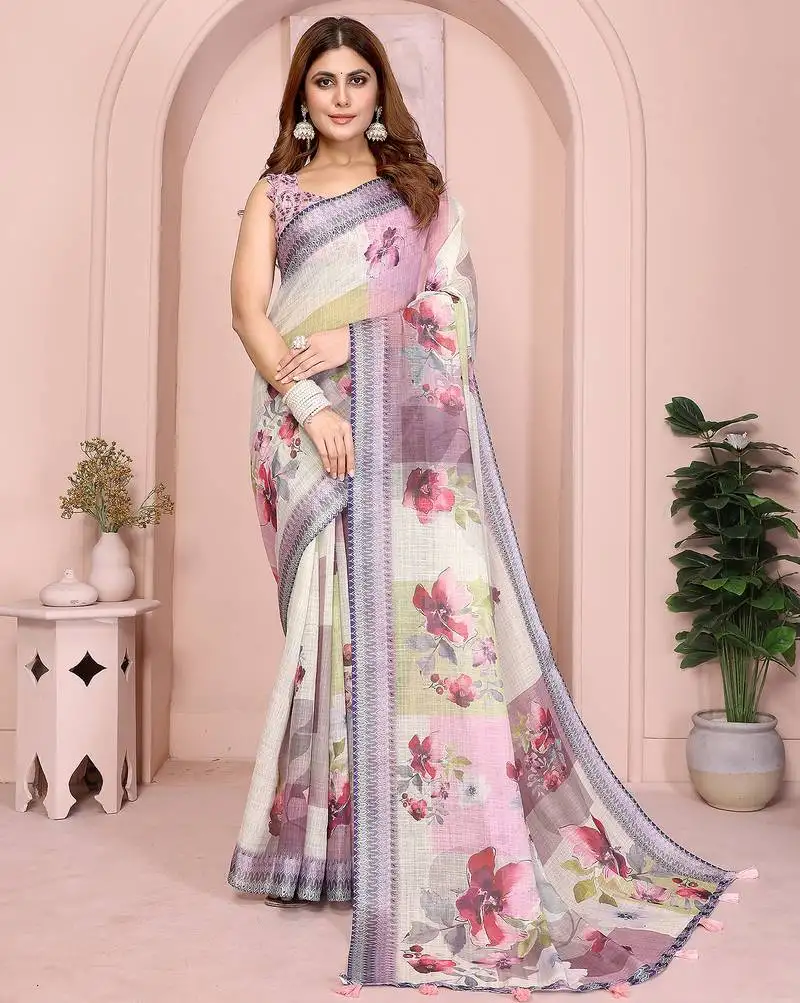 Beige soft linen cotton printed silk saree with woven border