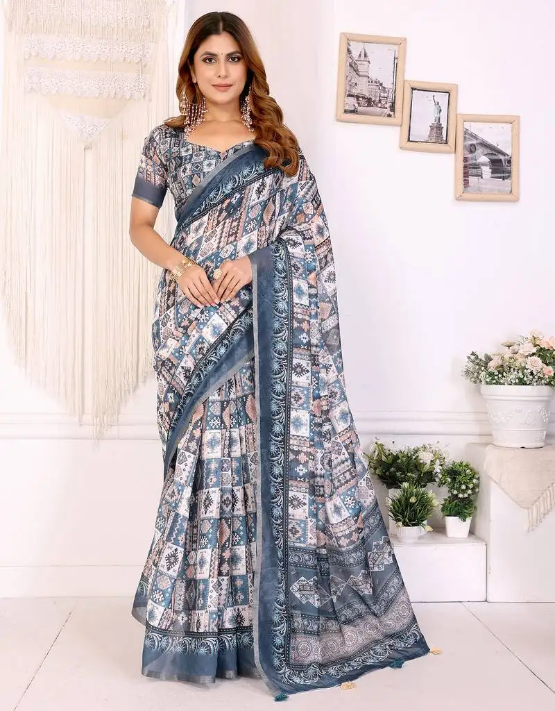 Blue chanderi cotton printed saree with zari woven border