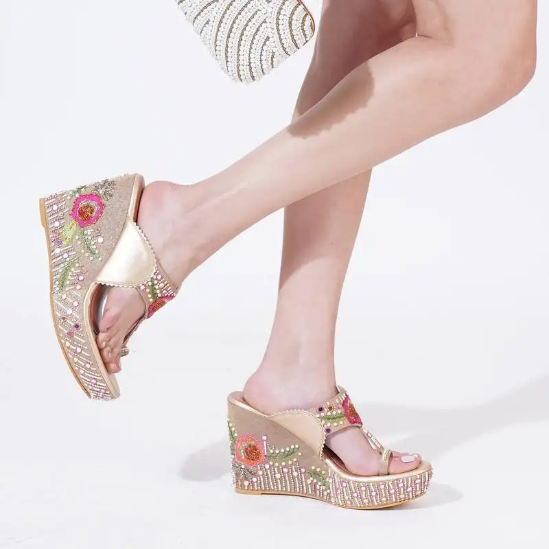Multicolor embellished leather wedges