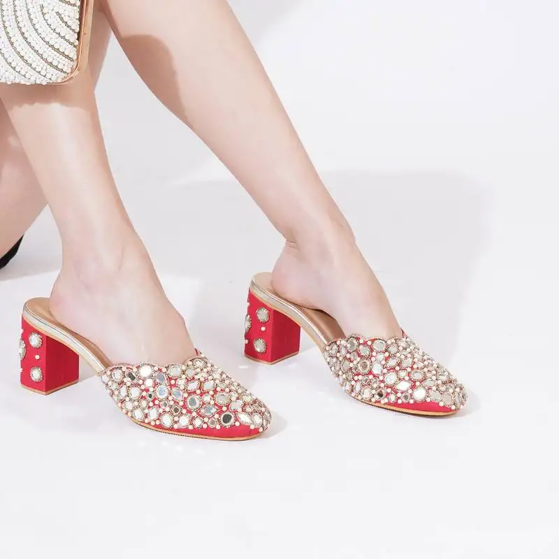 Red mirror embroidered leather heels