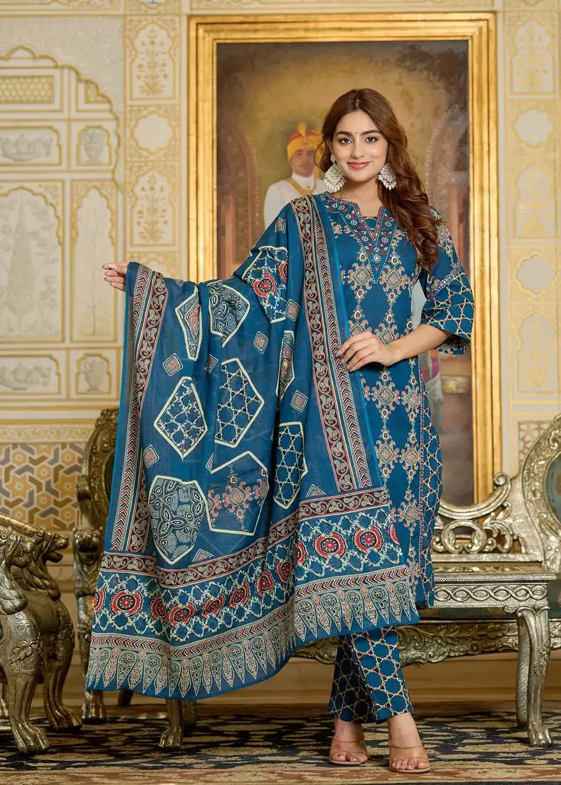 Cotton cambric straight printed kurti-pant-dupatta set