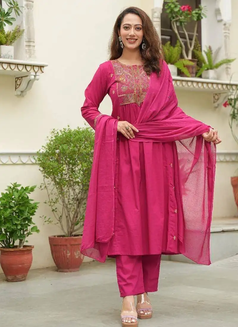 Cotton cambric semi-anarkali dyed kurti-pant-dupatta set