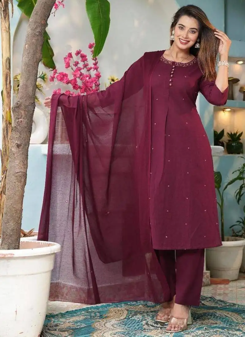 Cotton flex straight kurti-pant-dupatta set