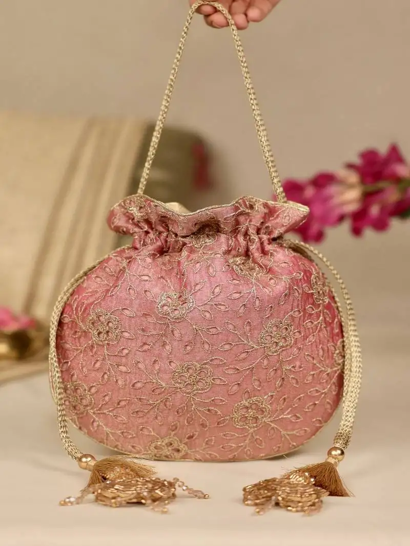 Pink floral embroidered potli bag