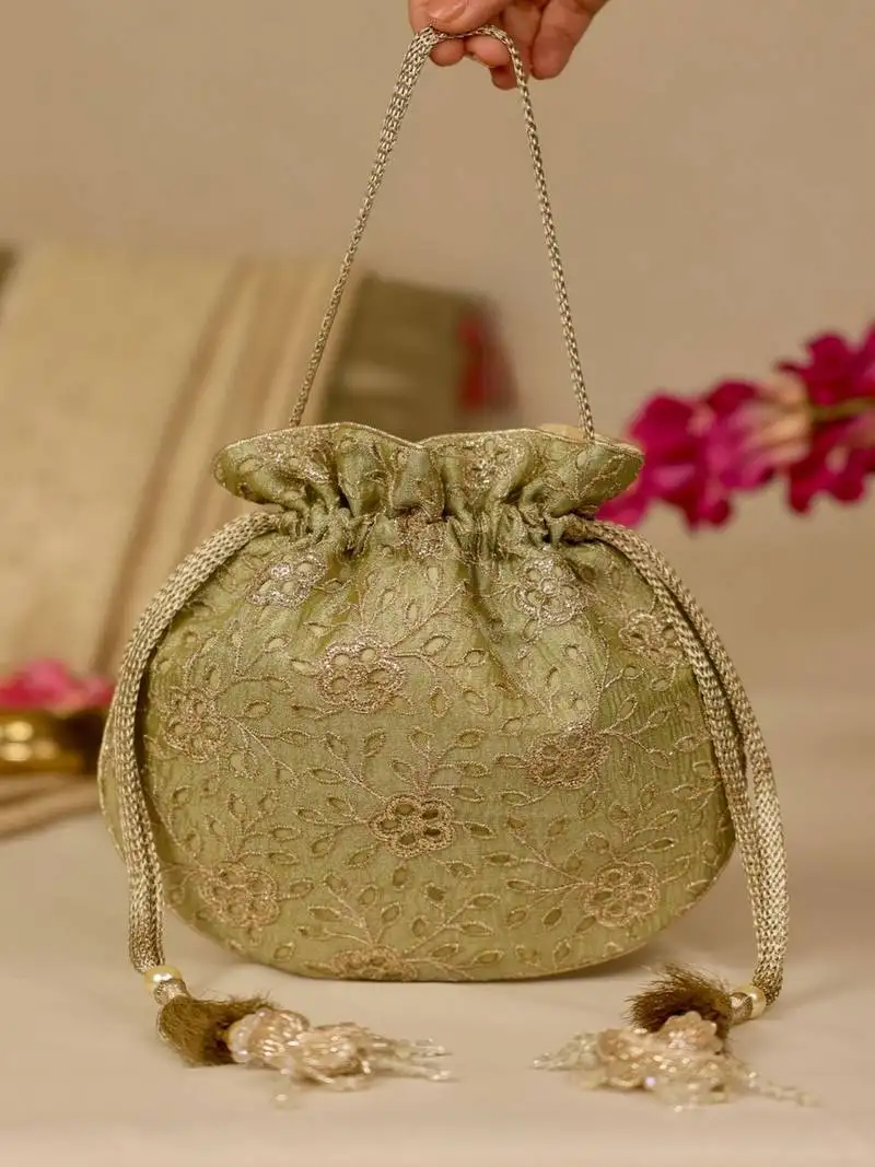 Green floral embroidered potli bag