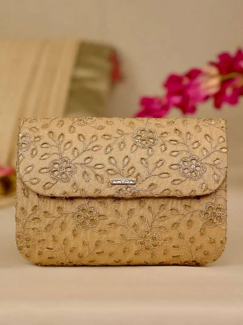 Gold floral embroidered clutch