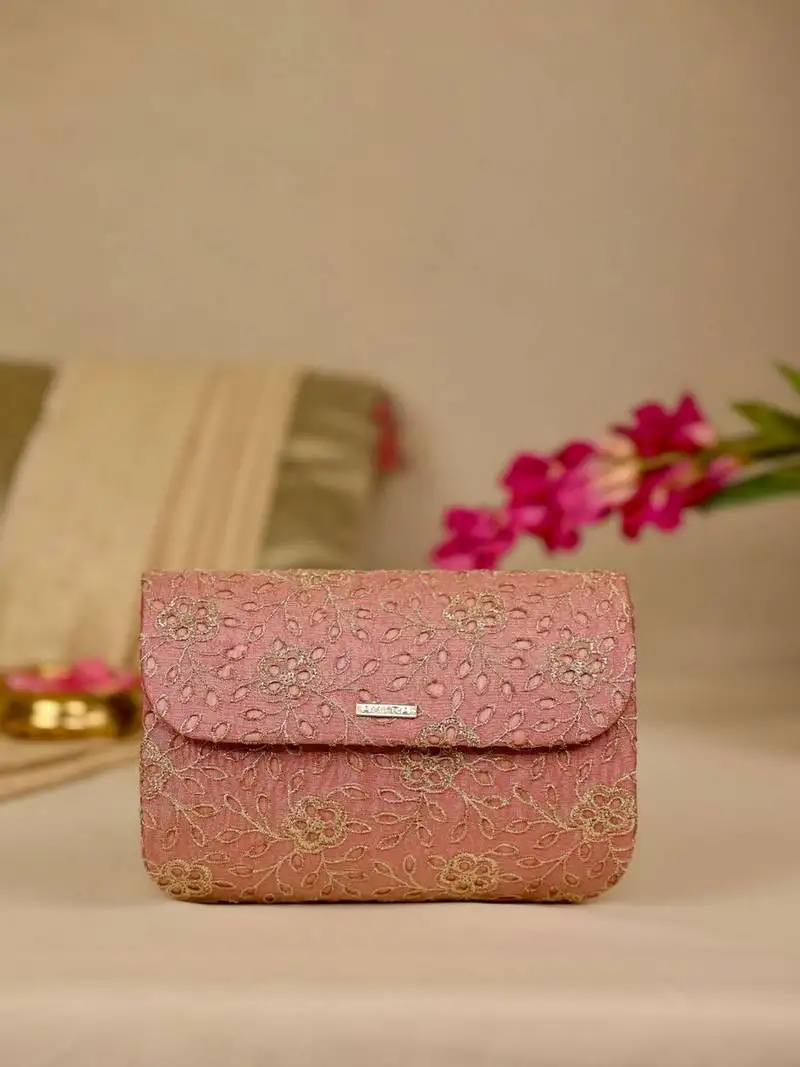 Pink floral embroidered clutch