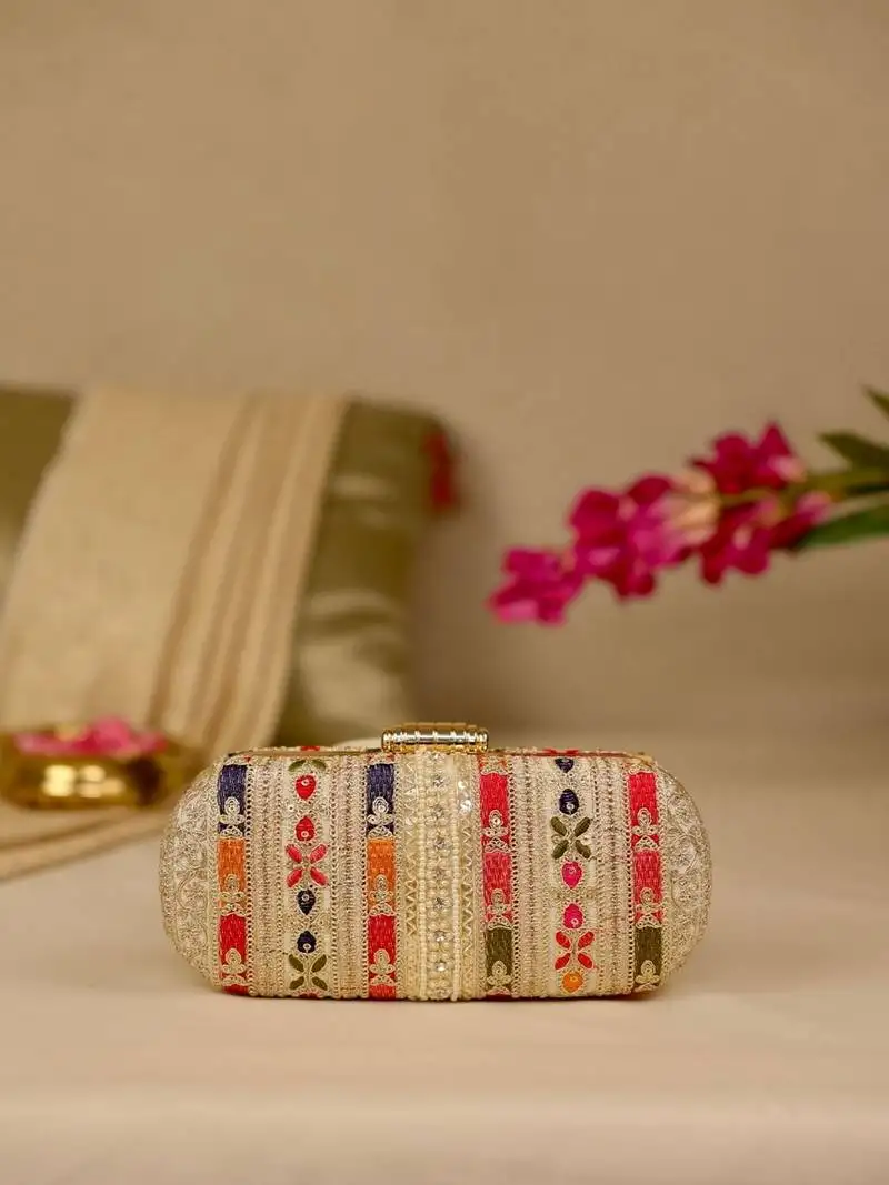 Multicolor floral embroidered clutch