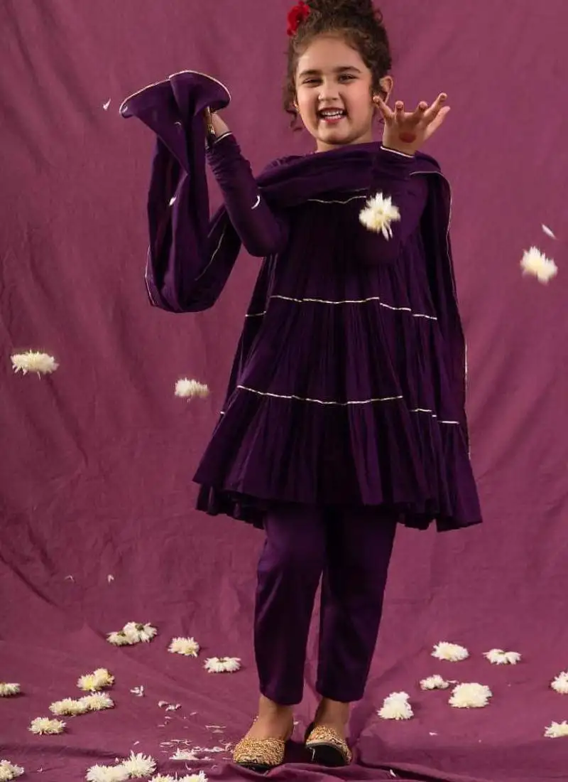 Purple mulmul multi tier anarkali set -set of 3