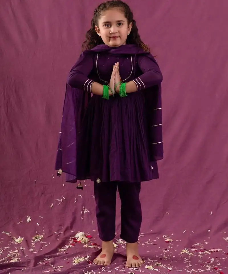 Purple anarkali mulmul suit set -set of 3