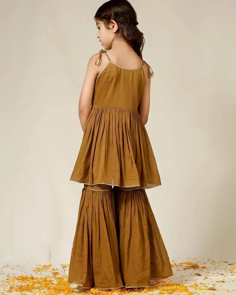 Brown mulmul strappy anarkali set -set of 3