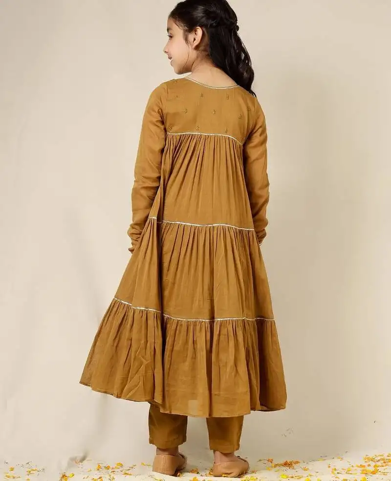Brown mulmul multi tier anarkali set -set of 3