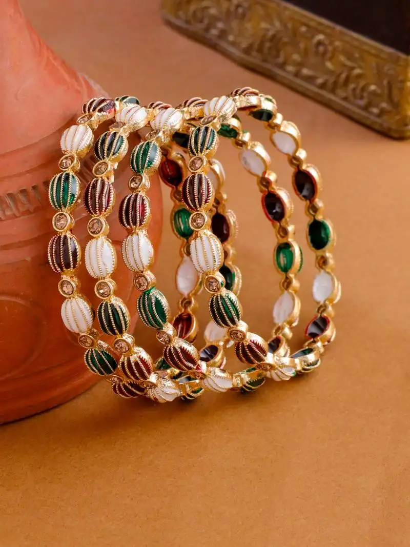 Women set of 4 gold plated artificial stones multicolor bangles