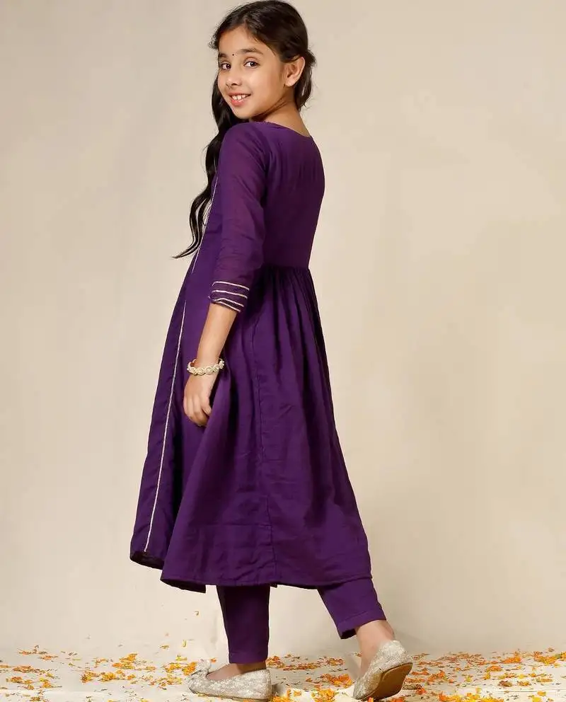 Purple mulmul plain anarkali suit set - set of 3