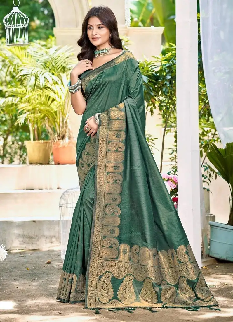 Sangam prints dark green assam silk woven work traditional saree