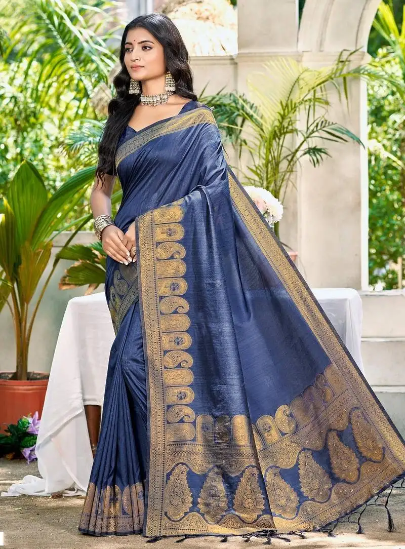 Sangam prints navy blue assam silk woven work traditional saree