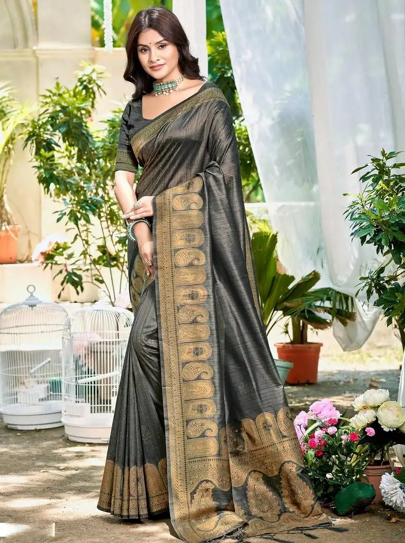 Sangam prints gray assam silk woven work traditional saree