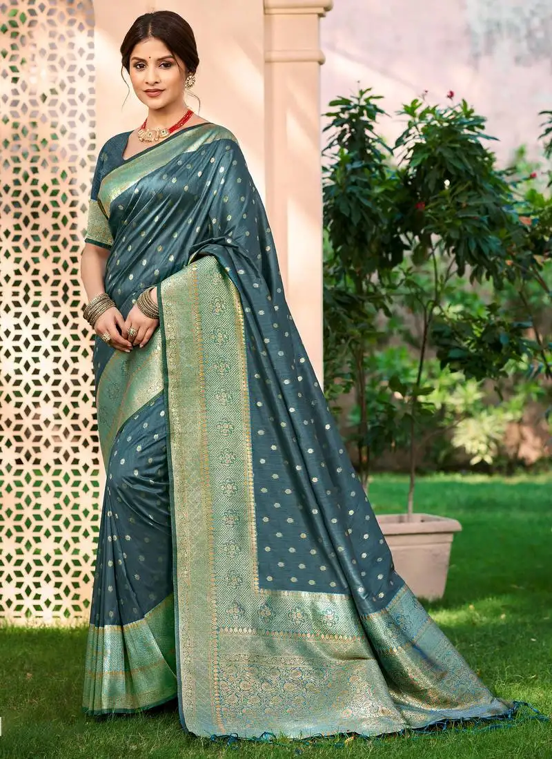 Sangam prints dark turquoise assam silk woven work traditional saree