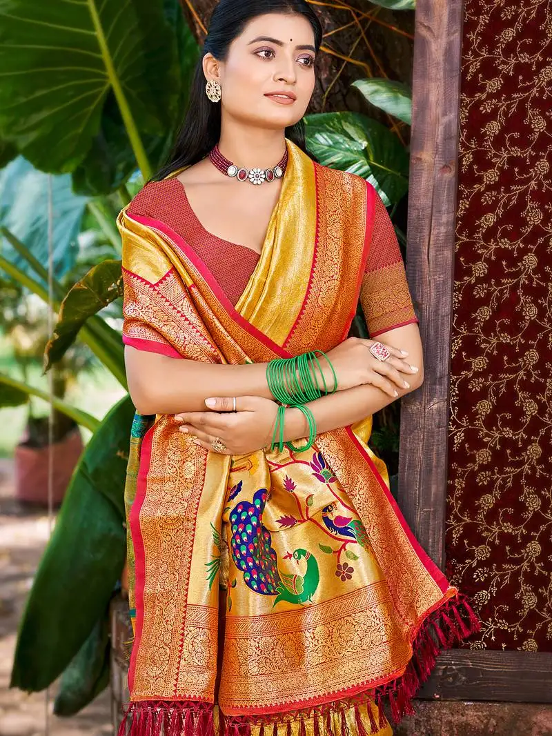 Sangam prints mustard kanjivaram silk woven work traditional saree