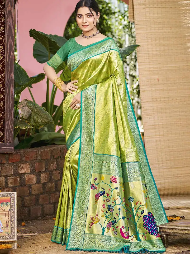 Sangam prints green kanjivaram silk woven work traditional saree