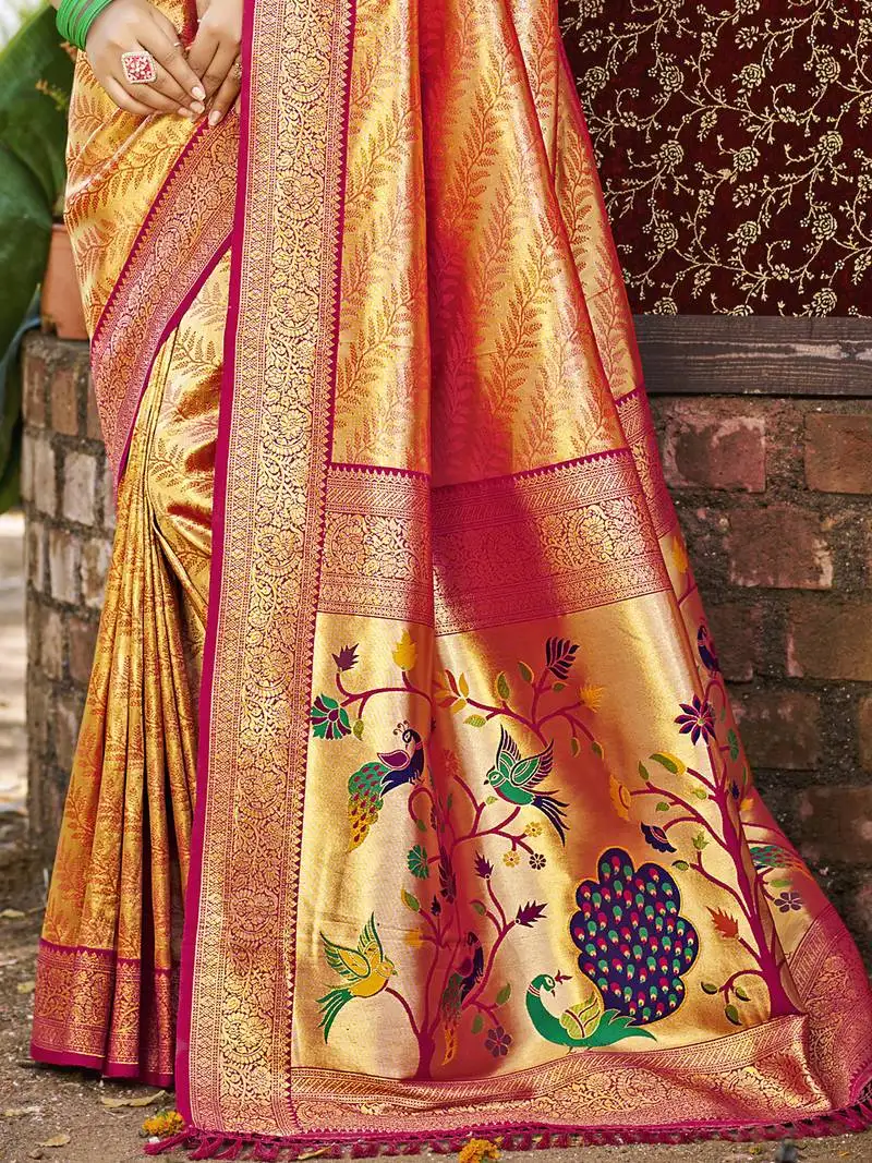 Sangam prints multi color kanjivaram silk woven work traditional saree