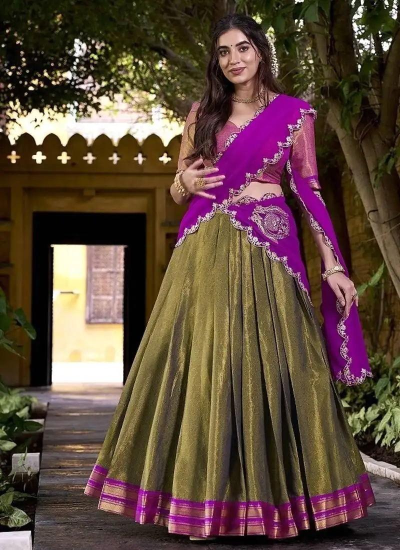 Mehendi south style kanchipuram silk lehenga choli with dupatta