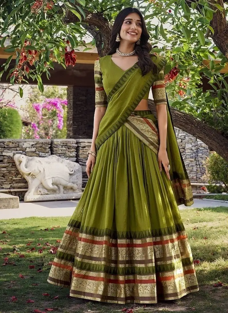 Mehendi chanderi zari weaving border semi stitched lehenga choli with dupatta