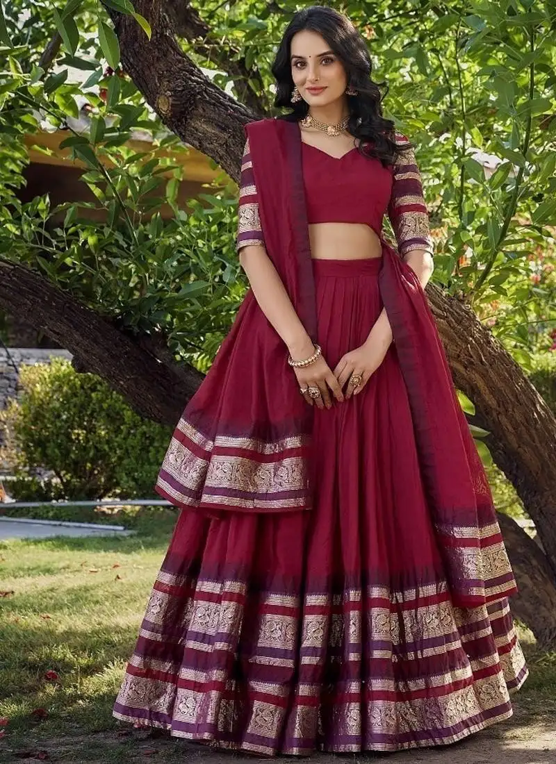 Red chanderi zari weaving border semi stitched lehenga choli with dupatta