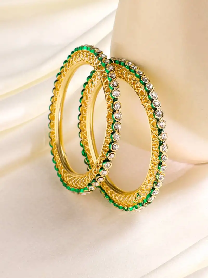 Women set of 2 gold plated green kundan studded bangles