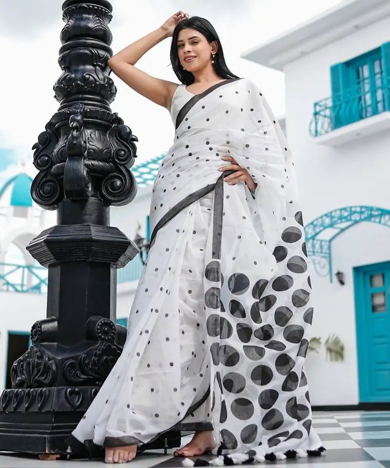 Mul cotton saree with polka dots - mono mood black