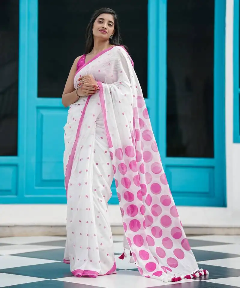 Mul cotton saree with polka dots - petal pop