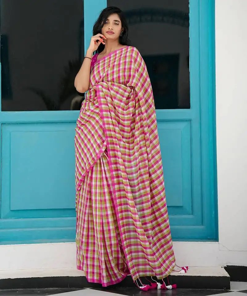 Mul cotton checked saree - peony grove