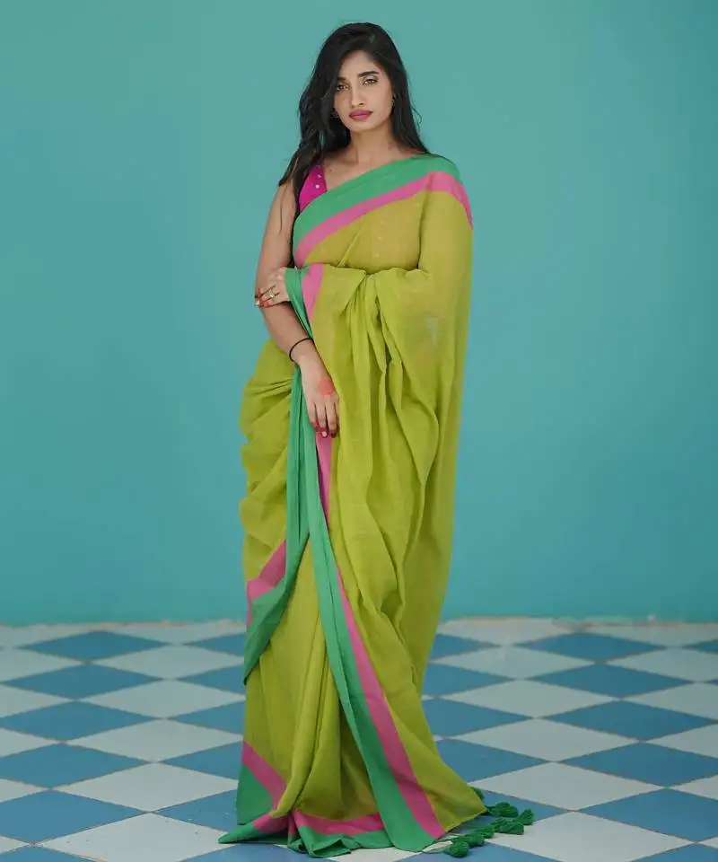 Mul cotton green saree- lime lush