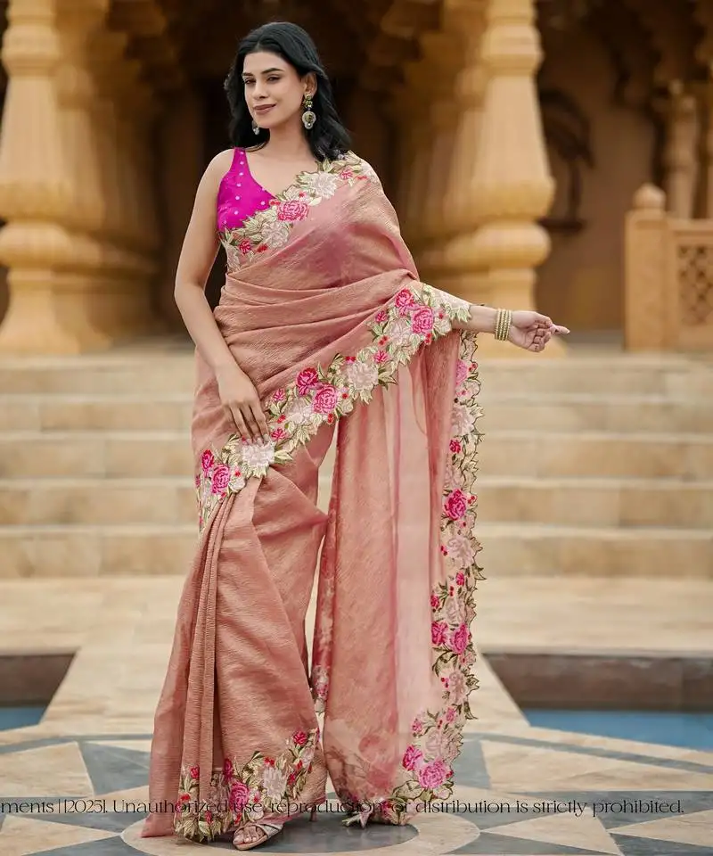 Crushed tissue saree with crossstitched embroidery – gulnar pink