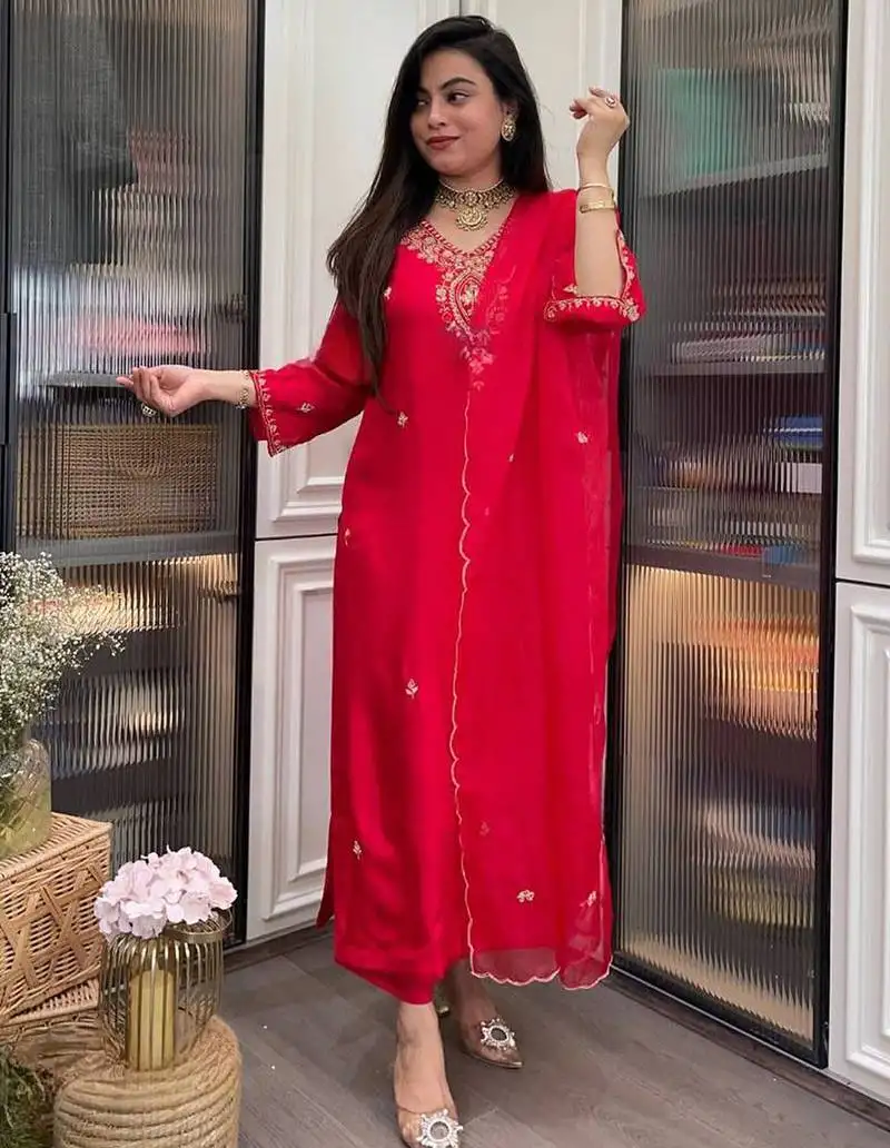 Red rayon heavy thread embroidery work kurta pant set