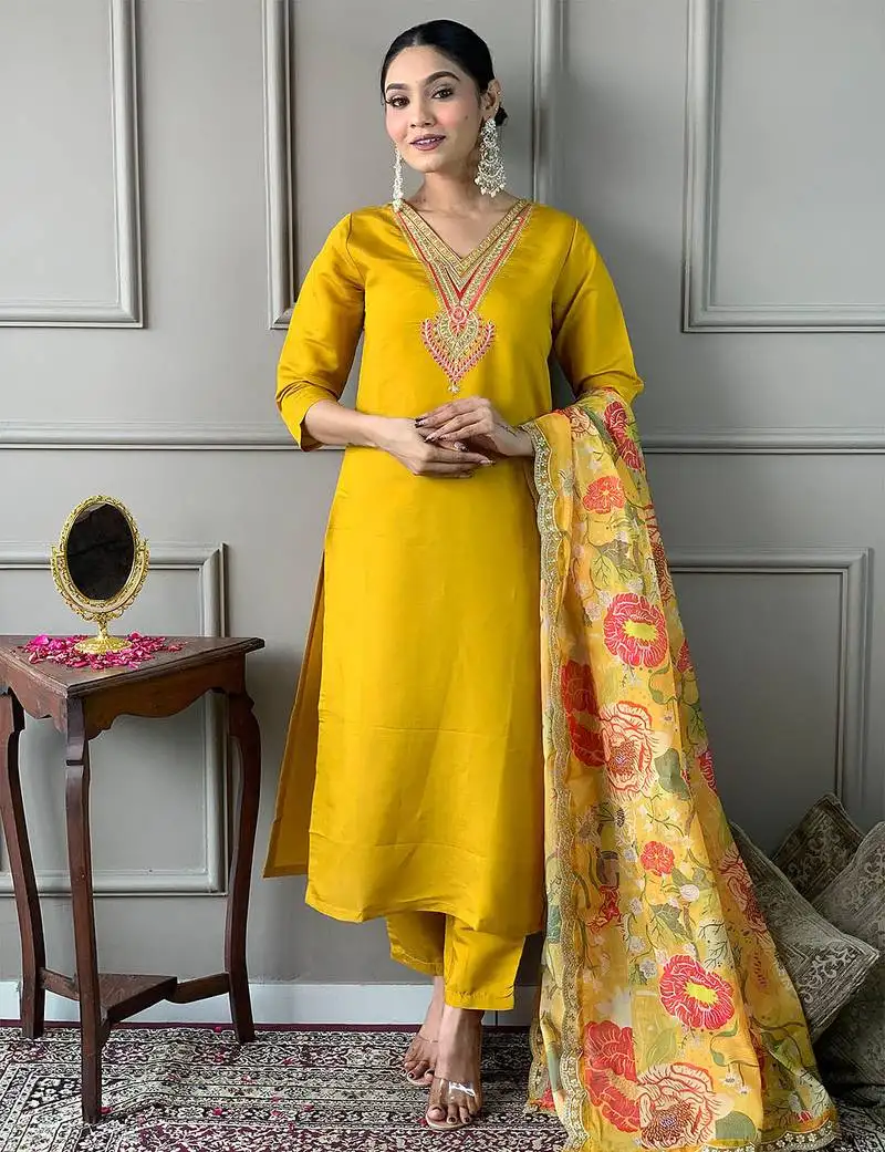 Mustard chanderi heavy thread embroidery work with printed dupatta kurta pant set